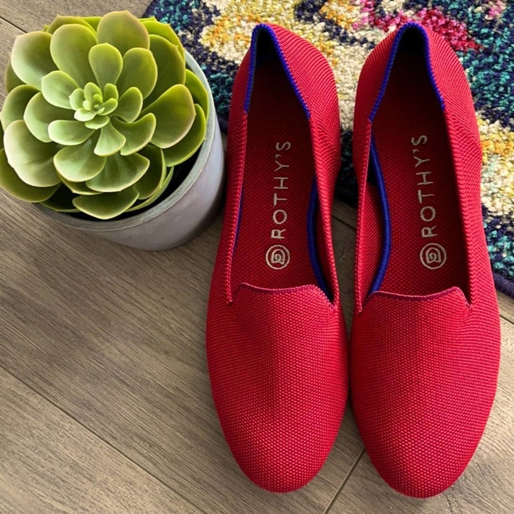 Rothy's Red Knit Flats with Blue Trim